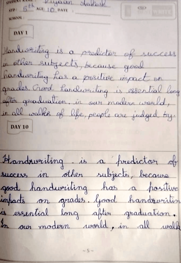 Student handwriting sample from AJ Academy